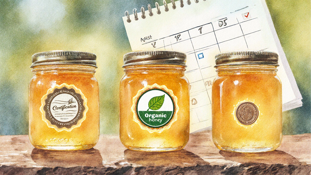 Ilustrace tří medových sklenic s cenou, certifikáty a kalendářem.