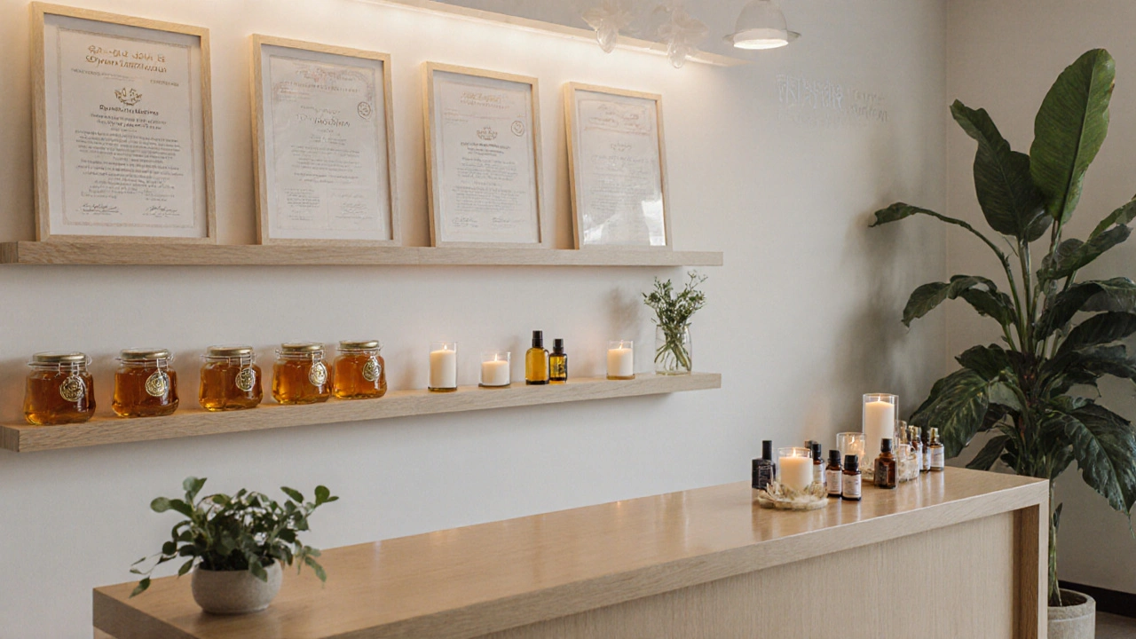 Interiér moderního wellness centra s medovými sklenicemi a certifikáty.