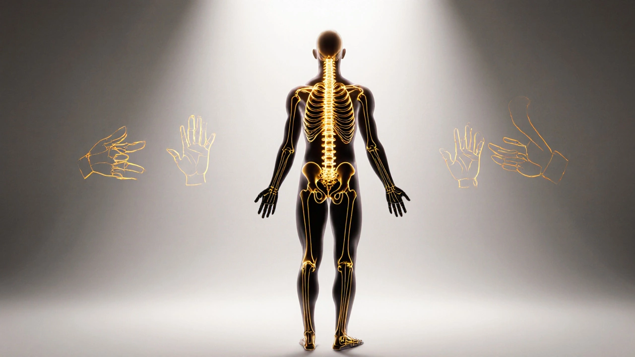 Kresba lidského těla s zlatými čarami znázorňujícími vyrovnání páteře a kloubů podle Dornovy metody.