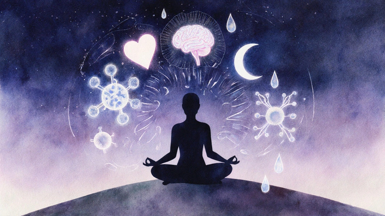 Silhouette meditující v přírodě, obklopená symboly srdce, mozku, imunitních buněk, měsíce a vody, vyjadřující holistické zdraví.