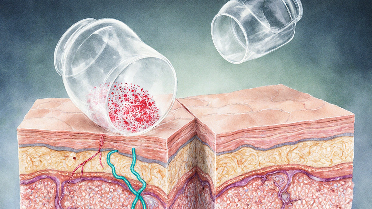 Větší kapiláry a lymfatické cévy pod vlivem podtlaku ukázány v průřezu kůže.