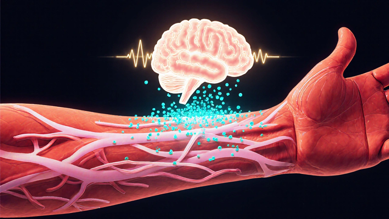 Vnitřní pohled na krevní cévy s zářícími částicemi endorfinů a mozkem uvolňujícím pocit štěstí.