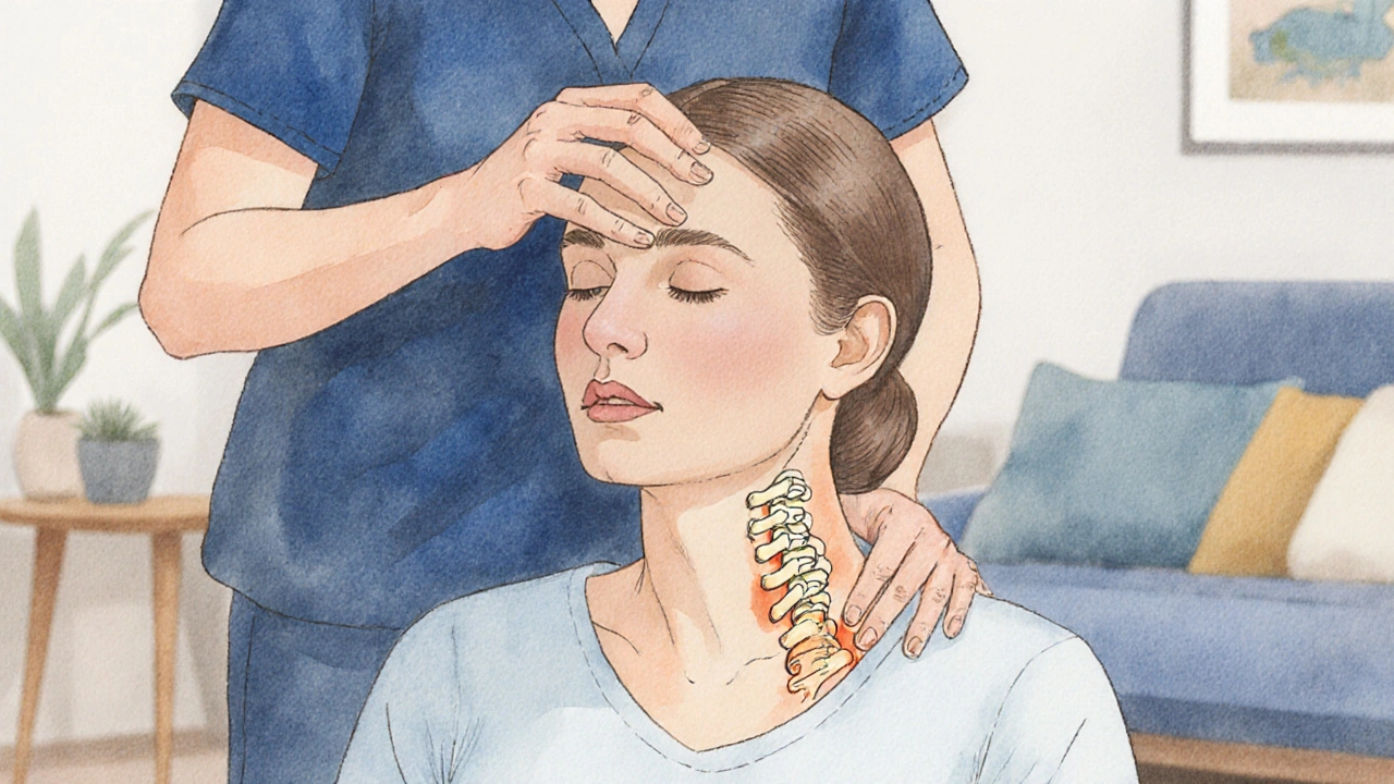 Žena sedí, terapeut jemně podporuje její hlavu a tlakne na spodní část krku při vyrovnávání krčních obratlů.