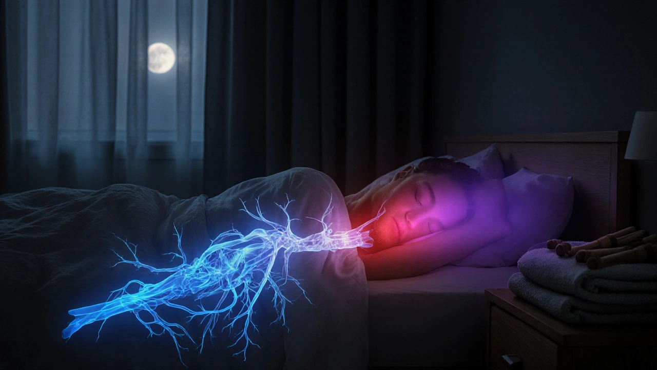 Člověk spí klidně, s vizualizací nervového systému a hormonálních změn, symbolizujících hluboký odpočinek.