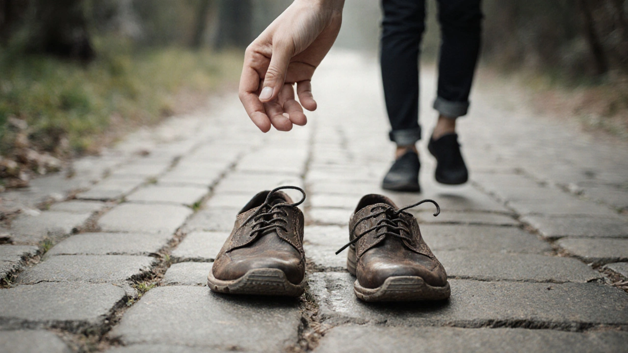 Dvě boty na cestě — jedna nesymetrická, druhá vyrovnaná, symbolizující obnovu rovnováhy.