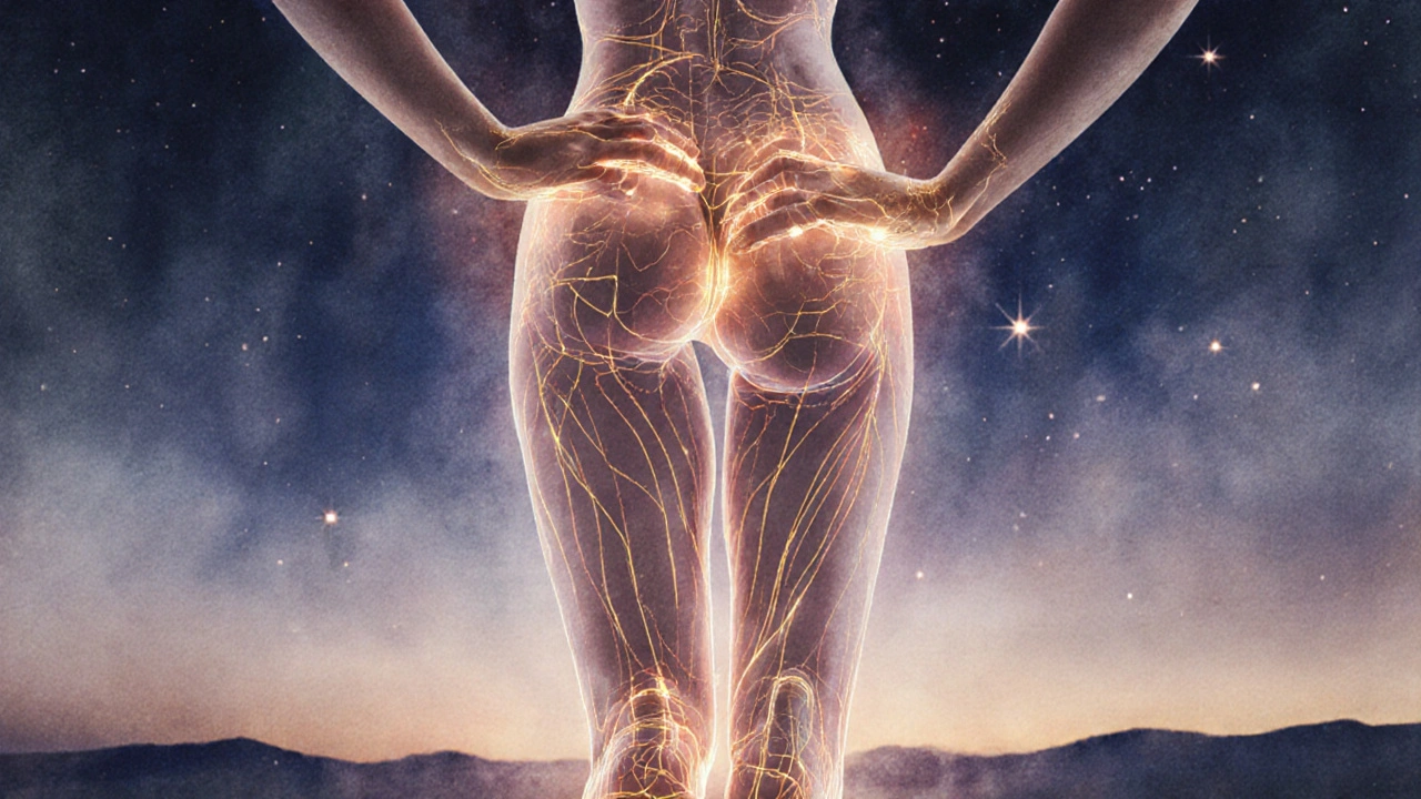 Glowing energy lines na těle ukazují cesty sen v thajské medicíně, terapeut aplikuje tlak na klíčové body.