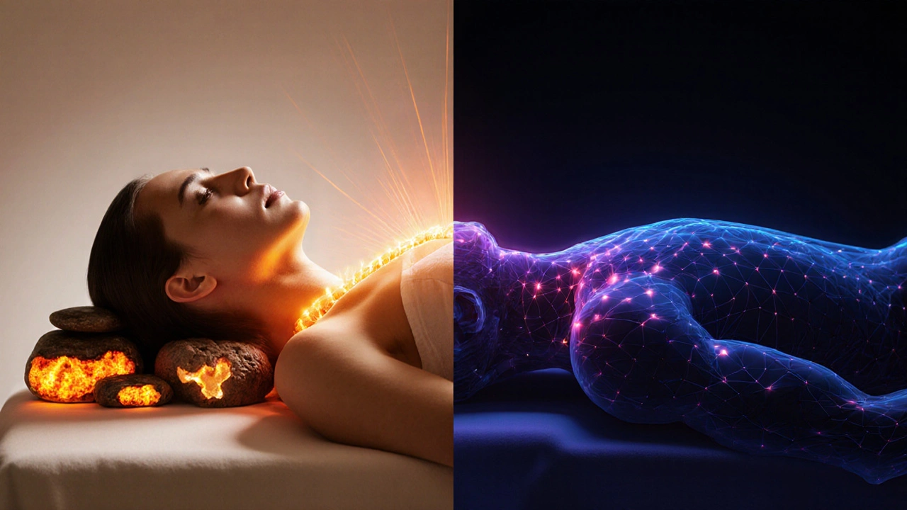 Kombinovaná scéna: horké kameny s teplem a abstraktní tlakové body při uvolnění těla.