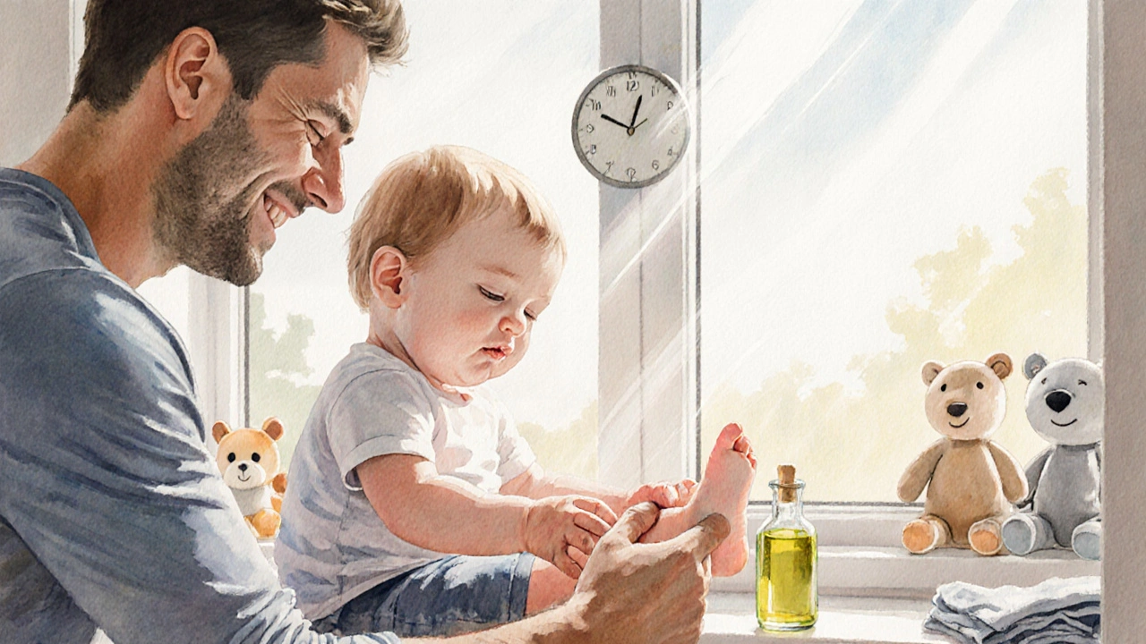 Otec masíruje nožičku malého dítěte, které se směje, v klidném pokoji s denním světlem.