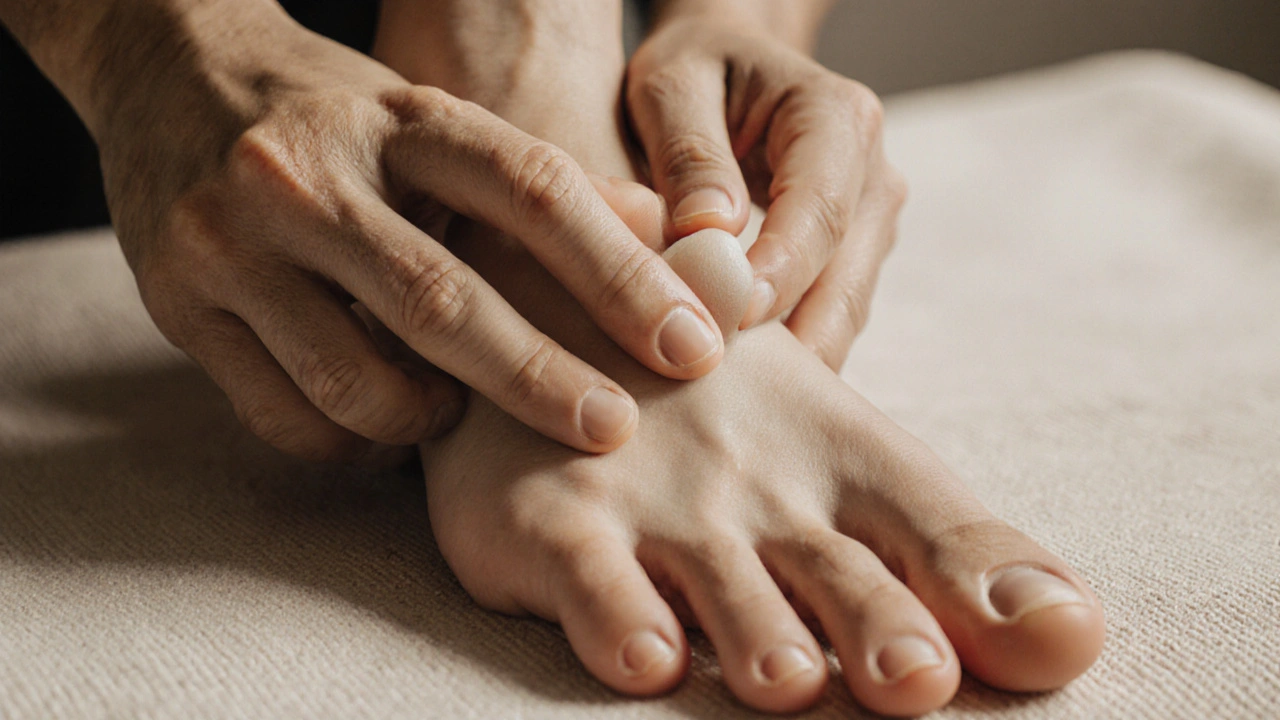 Ruce provádějí kruhový masážní pohyb na plošině nohy a natáhují prsty.