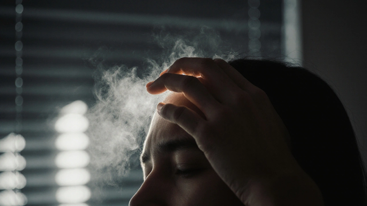 Ruka jemně hladí čelo, zatímco tma v pozadí ustupuje jemnému světlu.