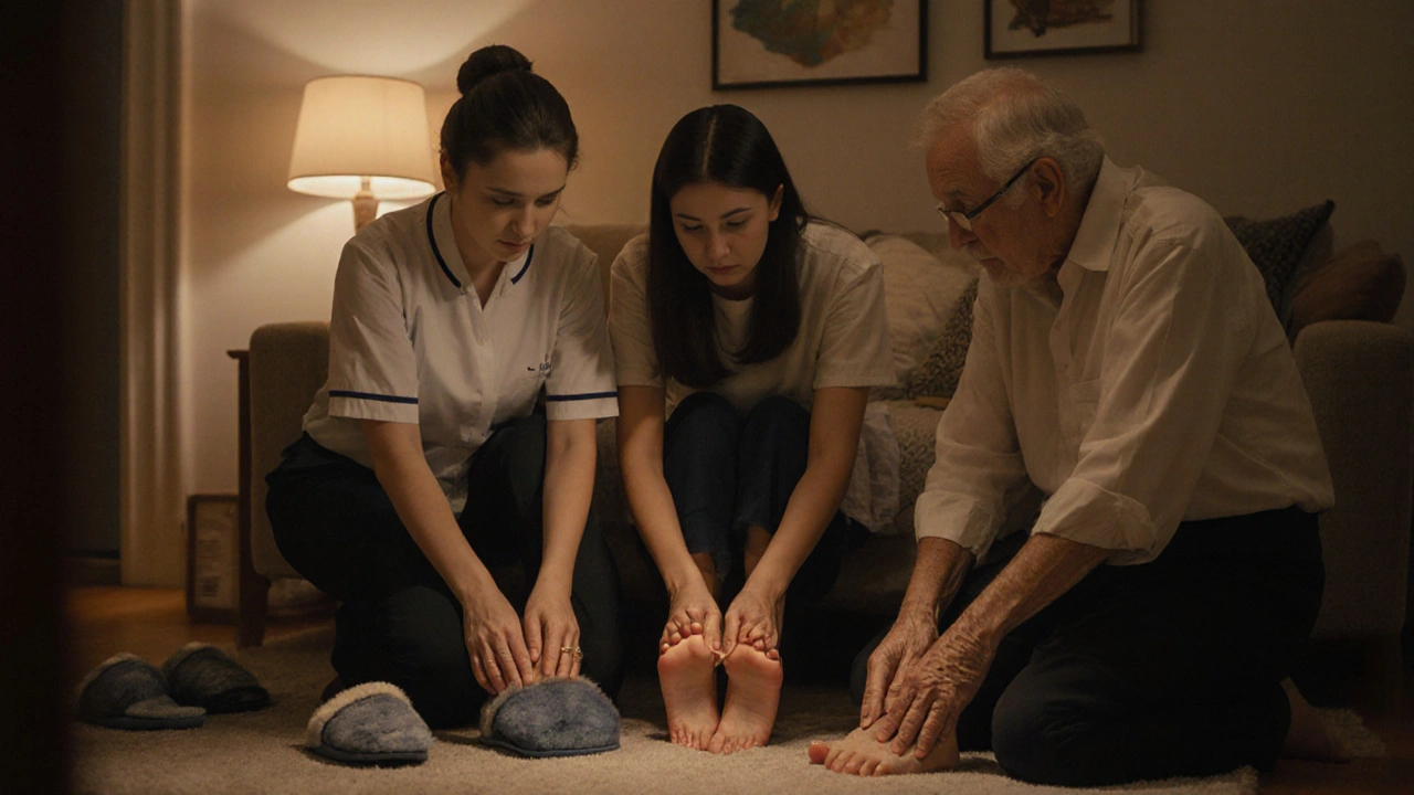 Různí lidé doma masírují chodidla večer jako součást každodenní péče.