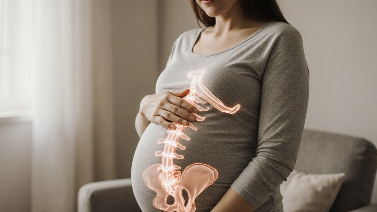 Těhotná žena sedí klidně, její postava je vyrovnaná, viditelně volnější a přirozenější.