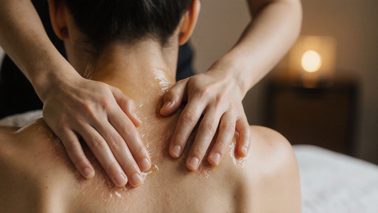 Terapeut provádí klasickou masáž na rameni a krku pomocí rukou a oleje.