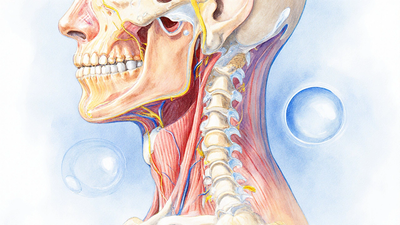 Umělecký náčrt krku a zátylku s vyznačenými klíčovými body a nervovými cestami.