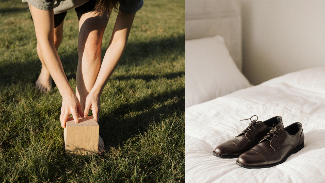 Žena cvičí rovnováhu na jedné noze s podložkou mezi koleny pro udržení korekce.