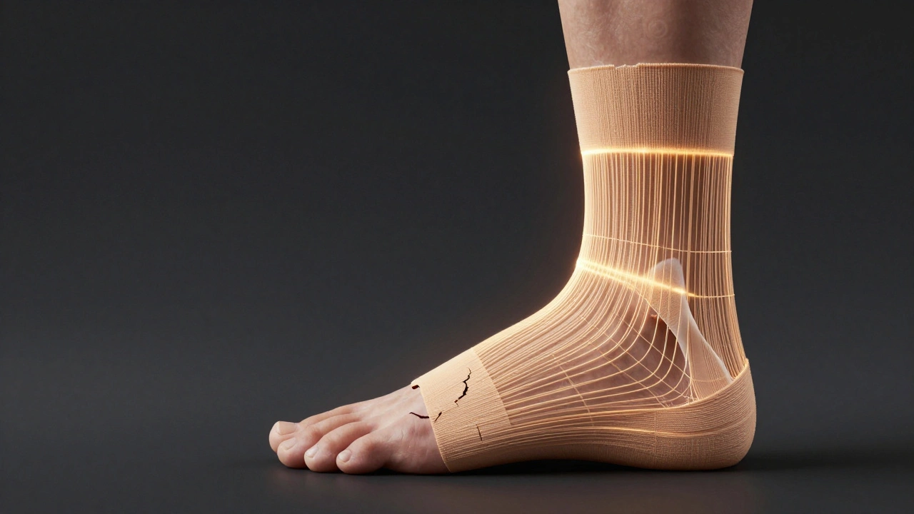 Konceptuální obraz zraněného kotníku s jednou stranou poškozenou a druhou stabilizovanou zlatými nitěmi, symbolizujícími léčbu a oporu.