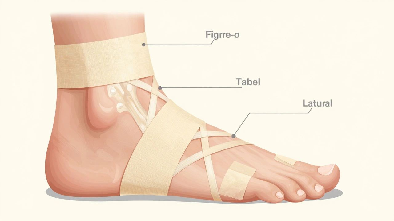Krok za krokem znázorněné tejpování kotníku: základní obvaz, osmička a boční podpěry na noze.
