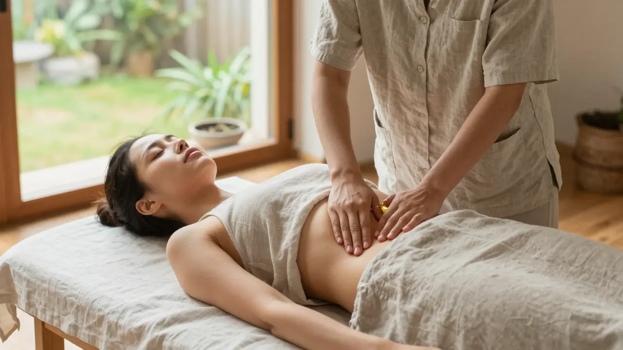 Odborník na porodní masáž provádí jemnou masáž břicha na ženě ležící na lůžku.