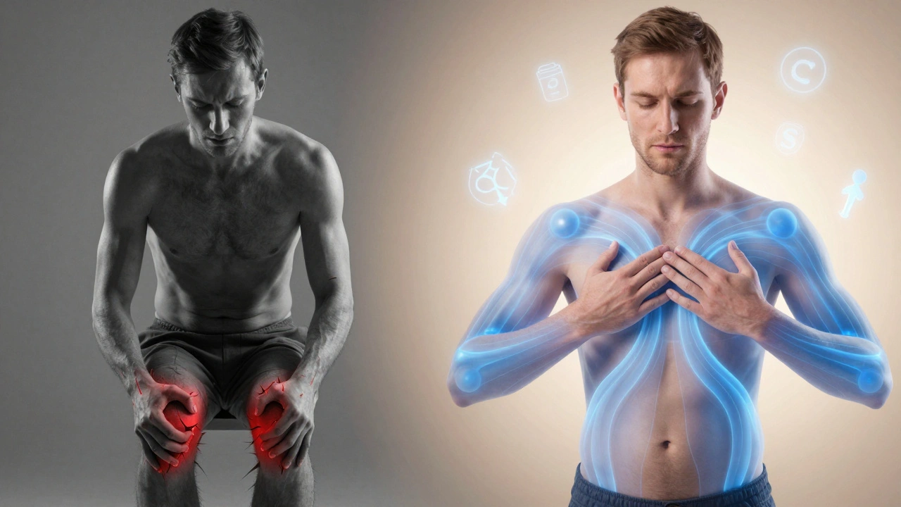 Před a po: napjaté tělo s bolestí vs. uvolněné tělo s proudící energií.