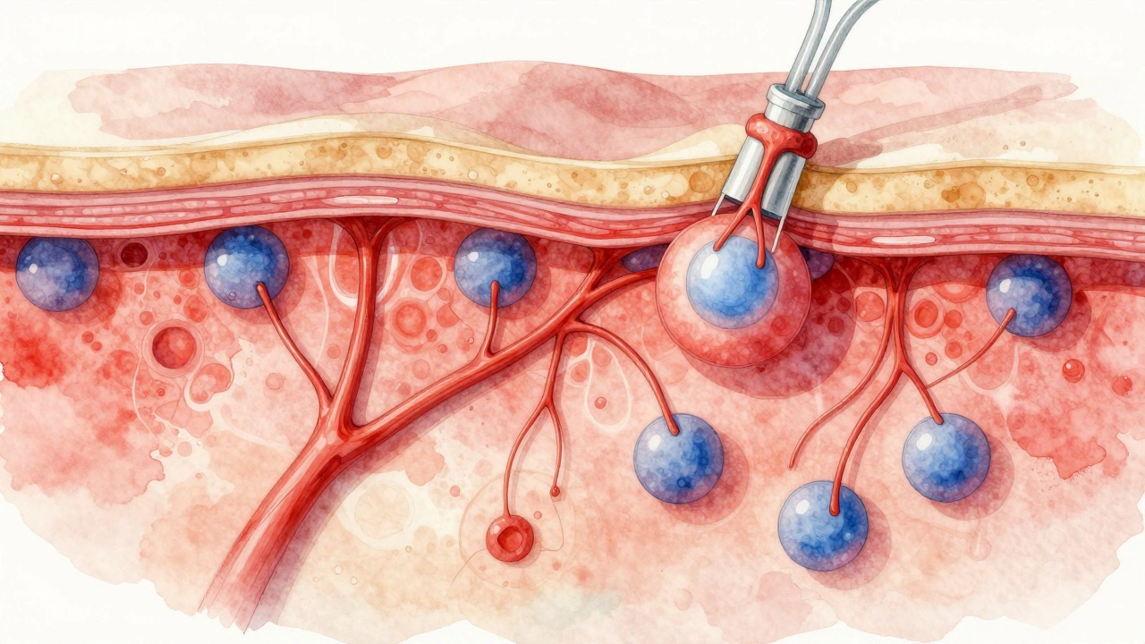 Přehled podkožní tkáně během vakuoterapie: rozšířené kapiláry a uvolněné pojivové vlákna.