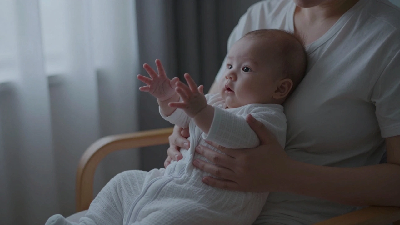 Rodič pomalu uvolňuje ruku dítěte z zvinovačky ve večerní tichosti.
