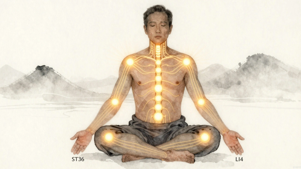 Tělo s vykreslenými energetickými cestami a klíčovými body Shiatsu podél kloubů.