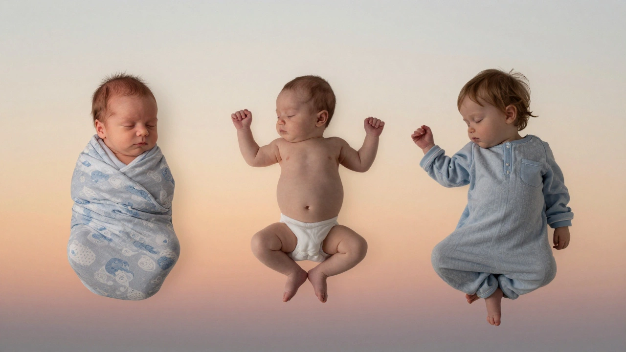 Vývojová posloupnost spánku: zvinuté dítě → částečně uvolněné → volně oblečené.