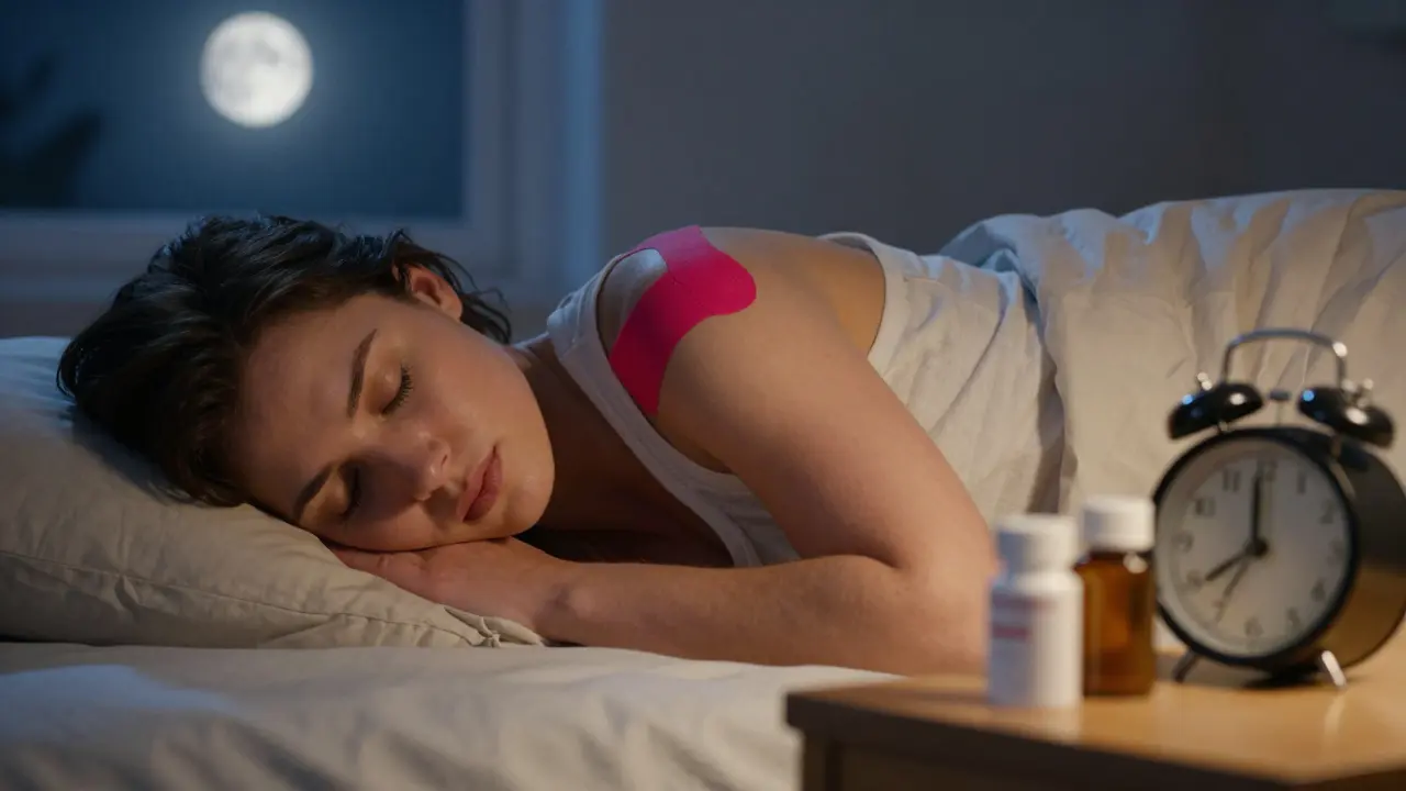 Člověk spí klidně s kinesiotaping páskem na rameni ve tmavé místnosti.