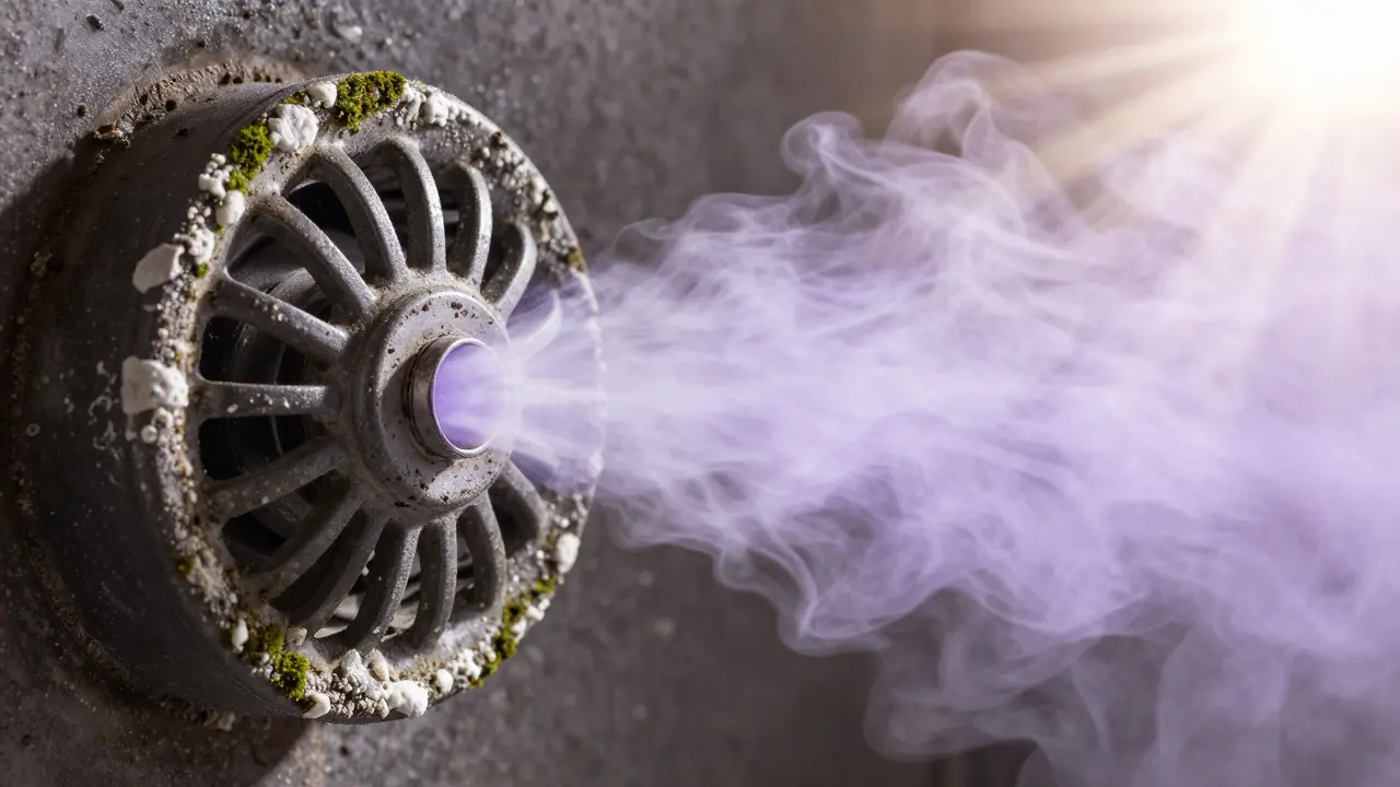 Dvojí obraz: špinavý difuzor s plísní a čistý difuzor s jemným výparem.