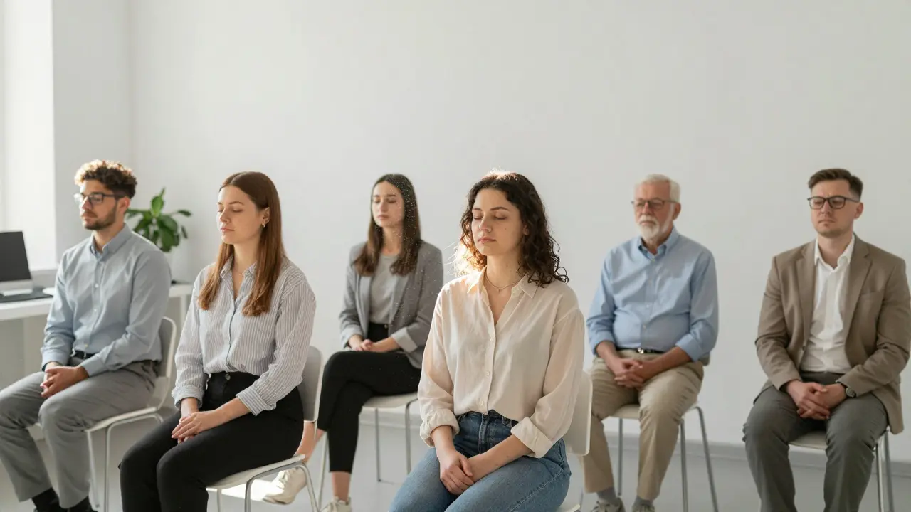 Lidé v klidu po sezení čínské masáže, uklidnění a odpočatí.