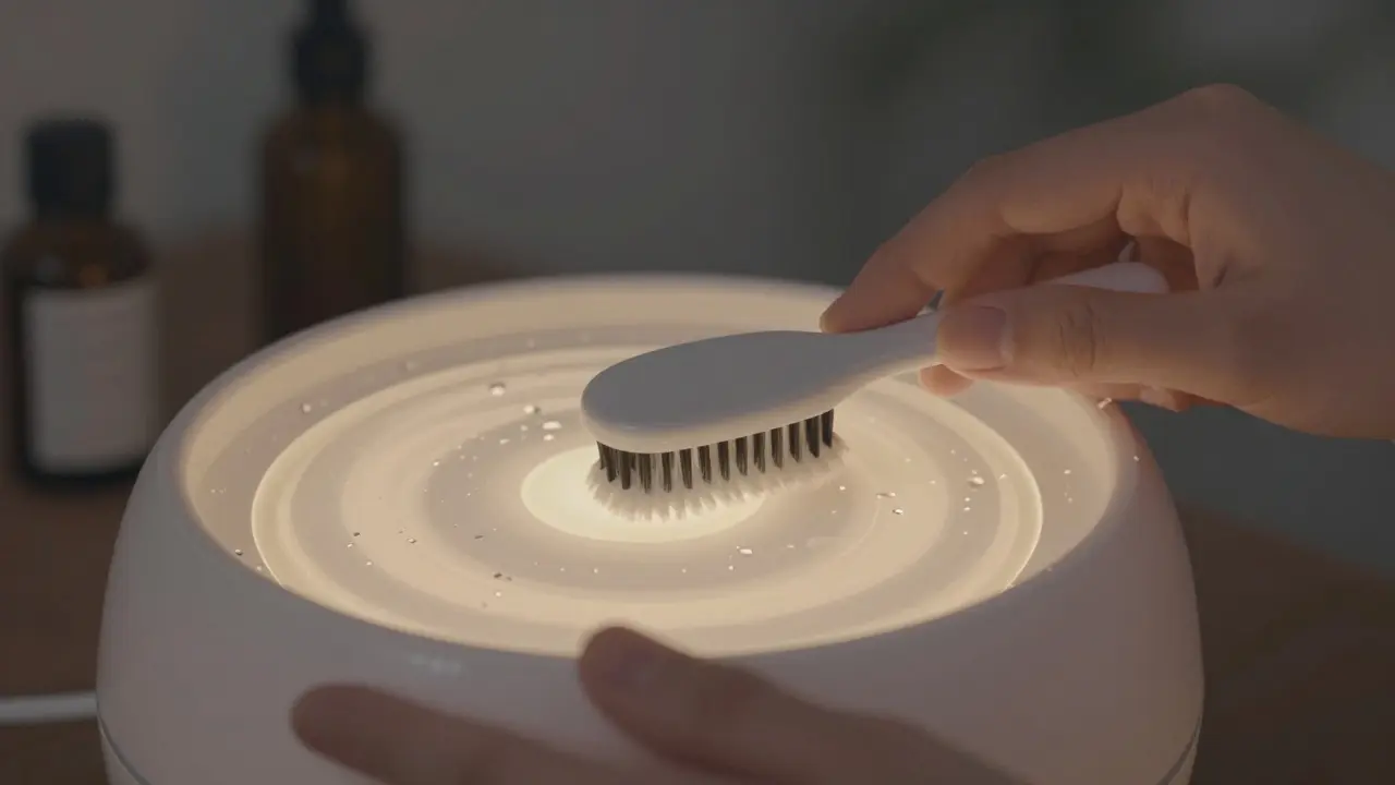 Osoba jemně čistí ultrazvukovou desku difuzoru měkkým kartáčkem.