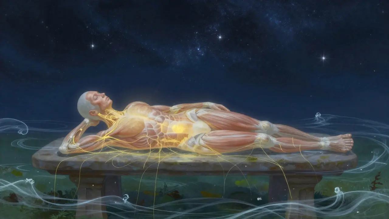 Průhledný člověk s proudy energie spojujícími tělo se zemí a hvězdami, symbolizující celistvost těla a ducha.