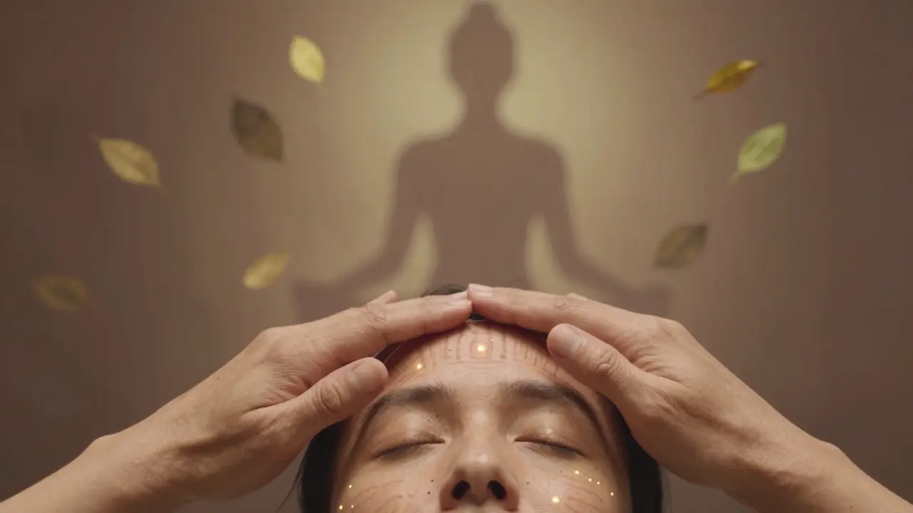 Ruce maséře jemně dotýkají čela, viditelné akupresurní body a jemné světlo symbolizují uvolnění a spojení.