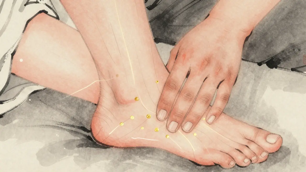Ruce provádějí Tui Na masáž na vnitřní straně nohy s viditelnými energetickými meridiány.