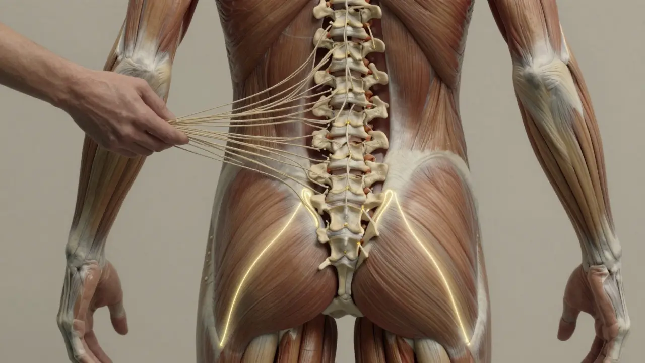 Schematic znázornění uvolňování fascie a svalů v oblasti zad a kyčlí.