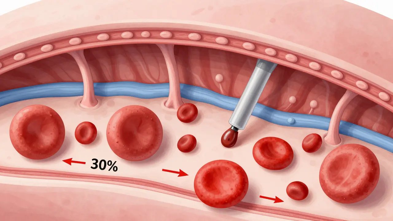 Vnitřní zobrazení svalové tkáně s rozšířenými kapilárami a krvinkami při baňkování.