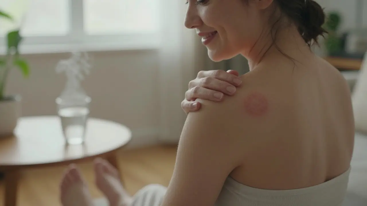 Žena se šetrně dotýká značek po baňkování v klidném domácím prostředí.