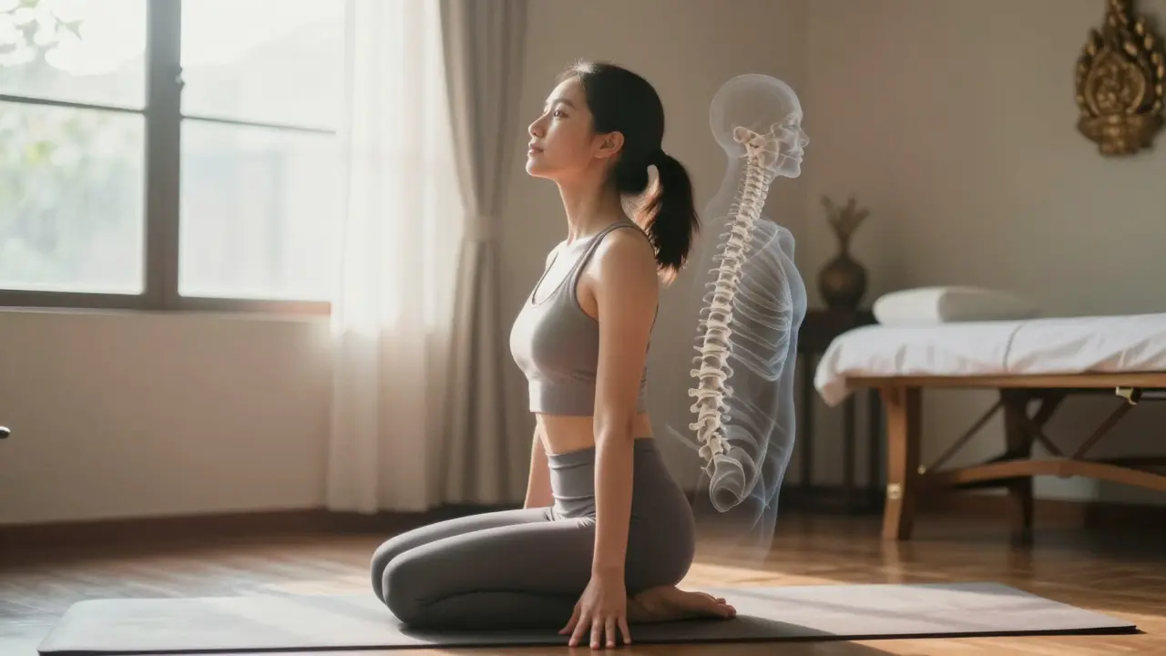 Žena vstává bez bolesti po masáži, zatímco napětí v těle postupně mizí.