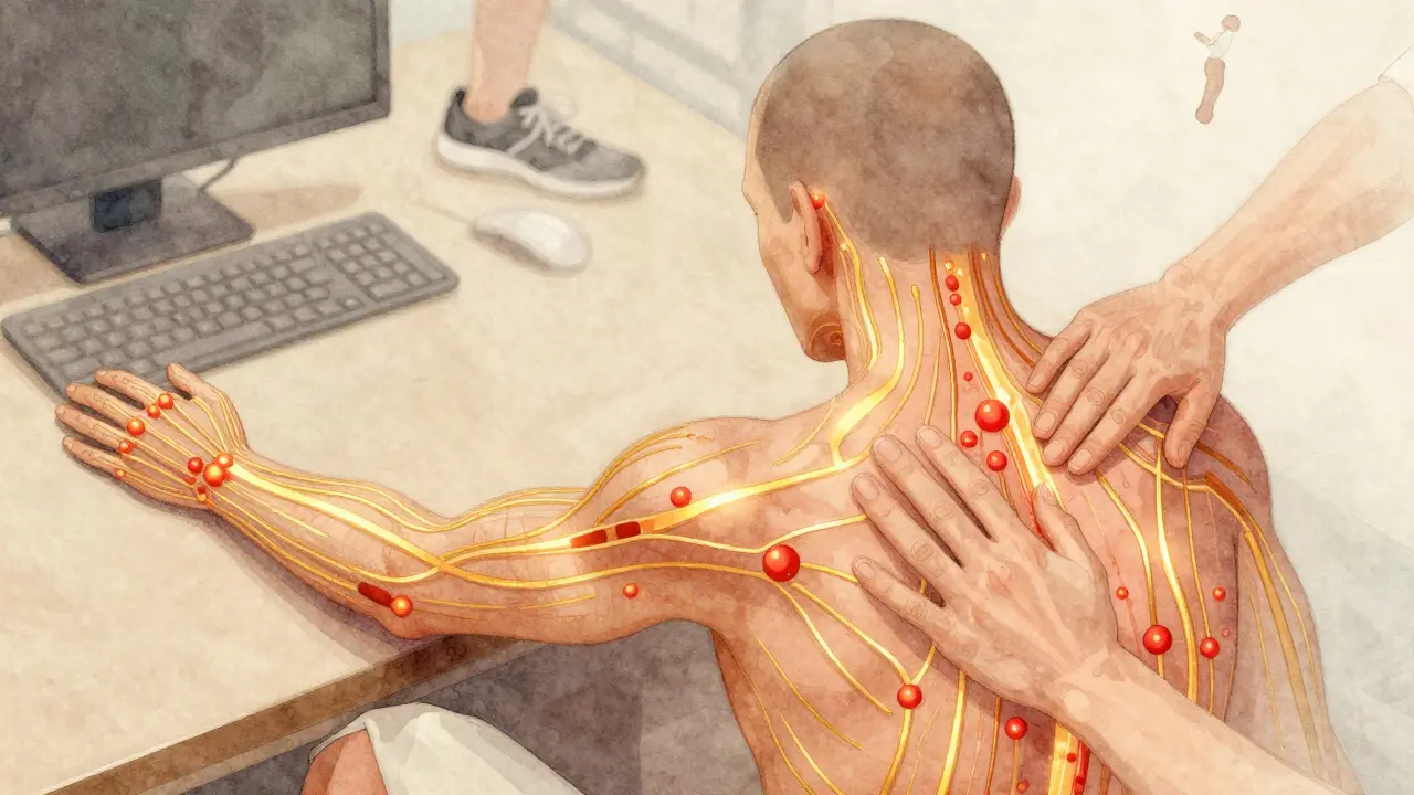 Abstraktní ilustrace toku energie po těle s vysvětlenými akupresurními body u zápěstí, krku a zad.