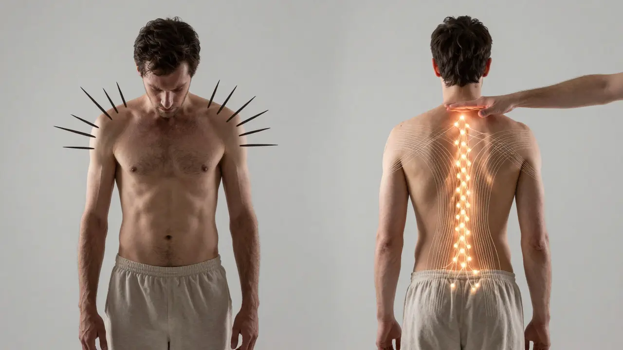 Dvě strany jednoho těla: napjaté před a uvolněné po shiatsu, symbolizující obnovu energie.