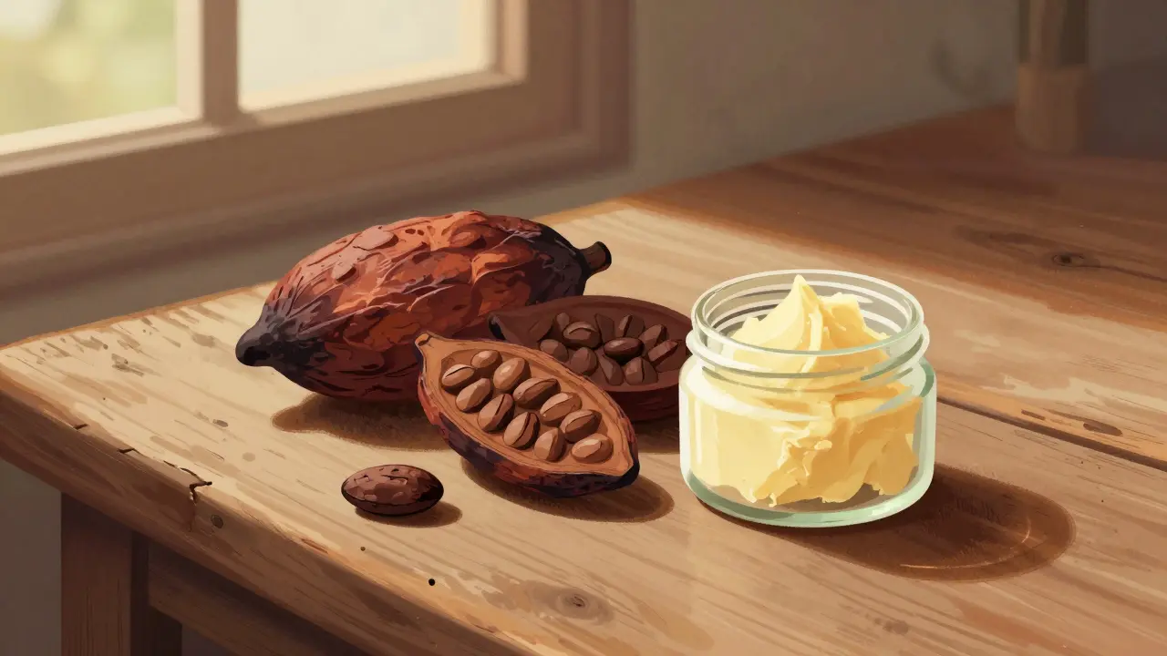 Kakaové bobky a hrnek s máslem na dřevěné desce