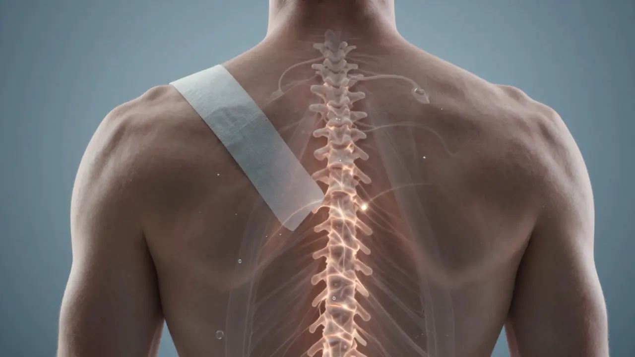 Koncepční obrázek lidského záda s transparentními vrstvami ukazujícími, jak tejp zvyšuje prostor pod kůží pro odtok tekutin.