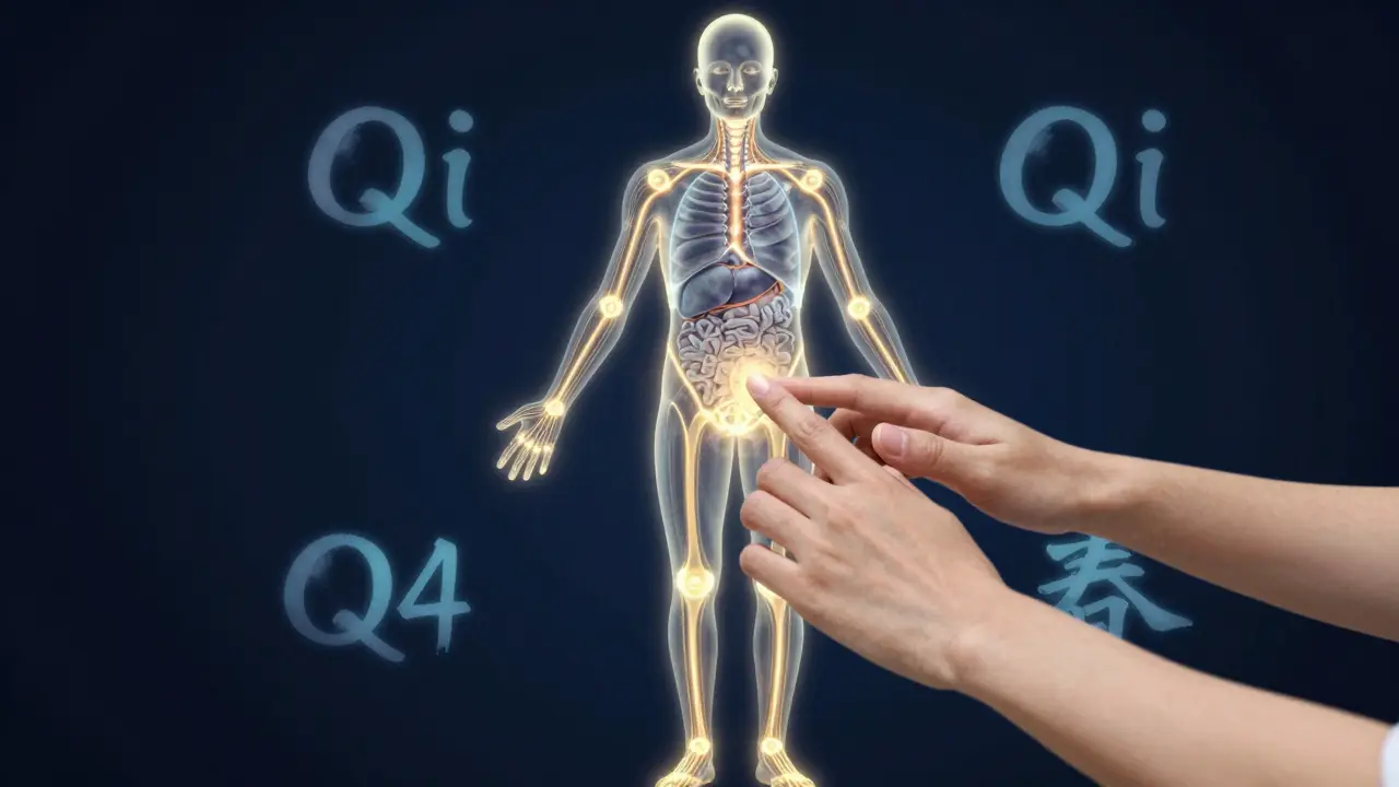 Lidské tělo s vykreslenými světélkujícími meridiány a klíčovými akupresurními body, které jsou propojeny s vnitřními orgány.