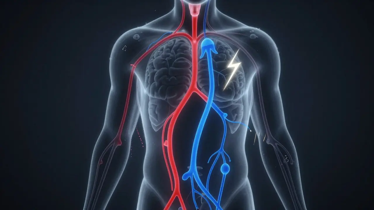 Schematiczné znázornění tří mechanismů Breussovy masáže: rozšíření cév, proudění lymfy a nervová stimulace.