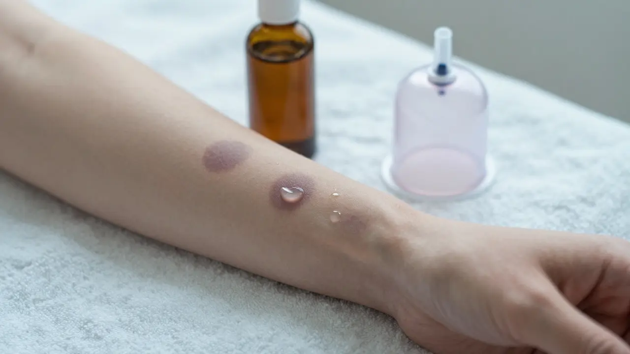 Tmavé kroužky po baňkování na paži s pomůckami vedle