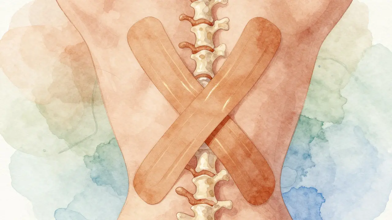 Vodová malba dvou křížených kinesiologických pásek na stylizované páteři s výrazem podpory a léčby.