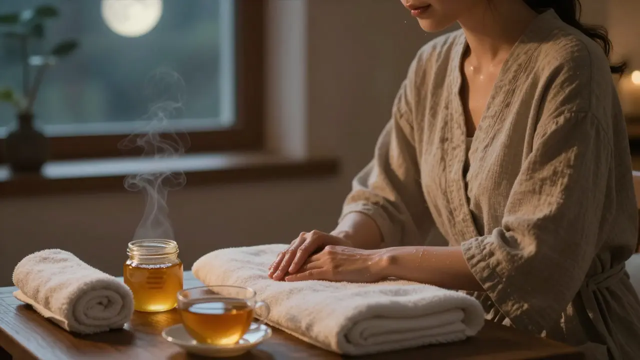 Žena po medové masáži v klidném večerním prostředí, světlá kůže a teplé osvětlení.