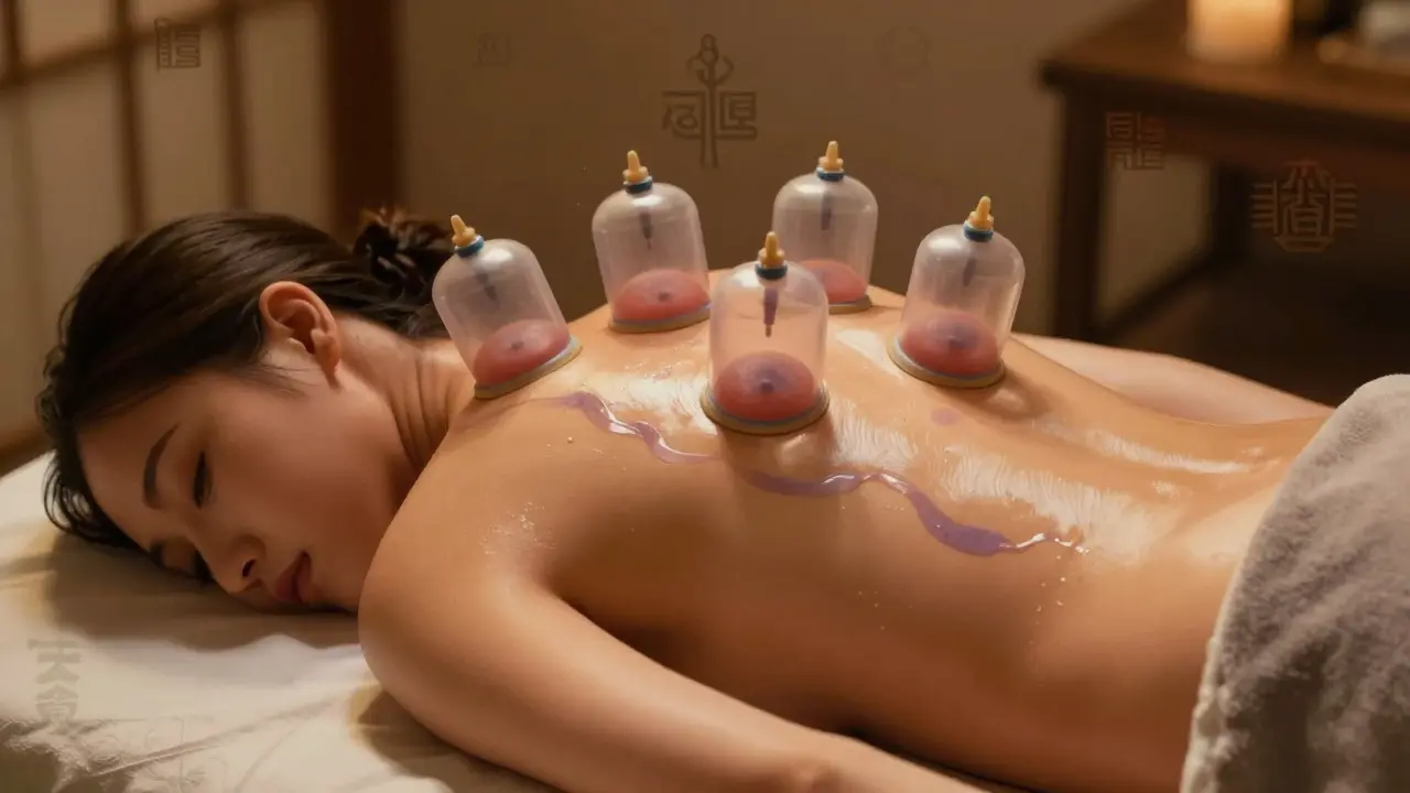 Žena s pohybujícími se baňkami na zádech během masáže