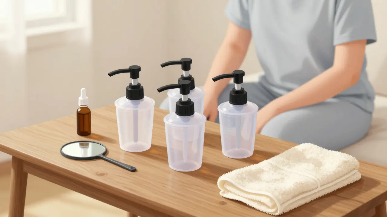 Domácí sada pro baňkování: plastové baňky, olej, teplý ručník a zrcadlo uspořádané na dřevěném stole.