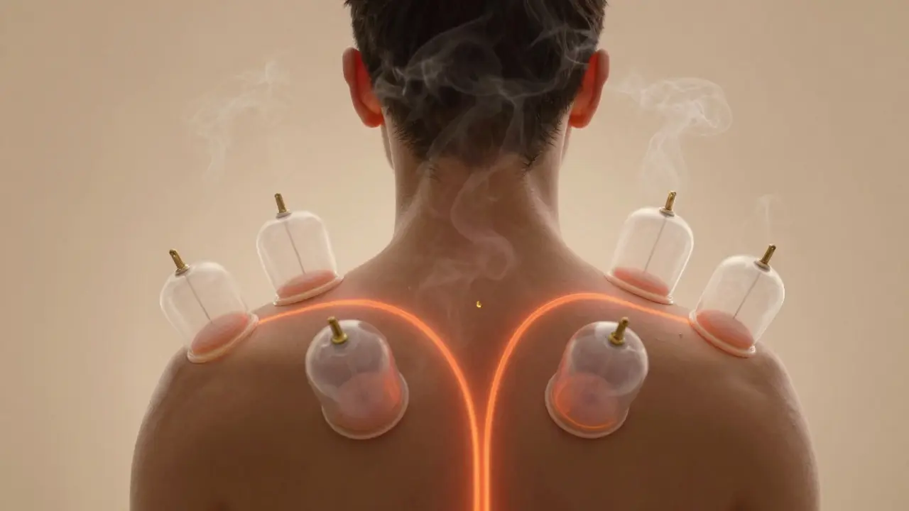 Kreslená silueta těla s označeným krevním oběhem na zádech a ramenách, symbolizující účinek baňkování.